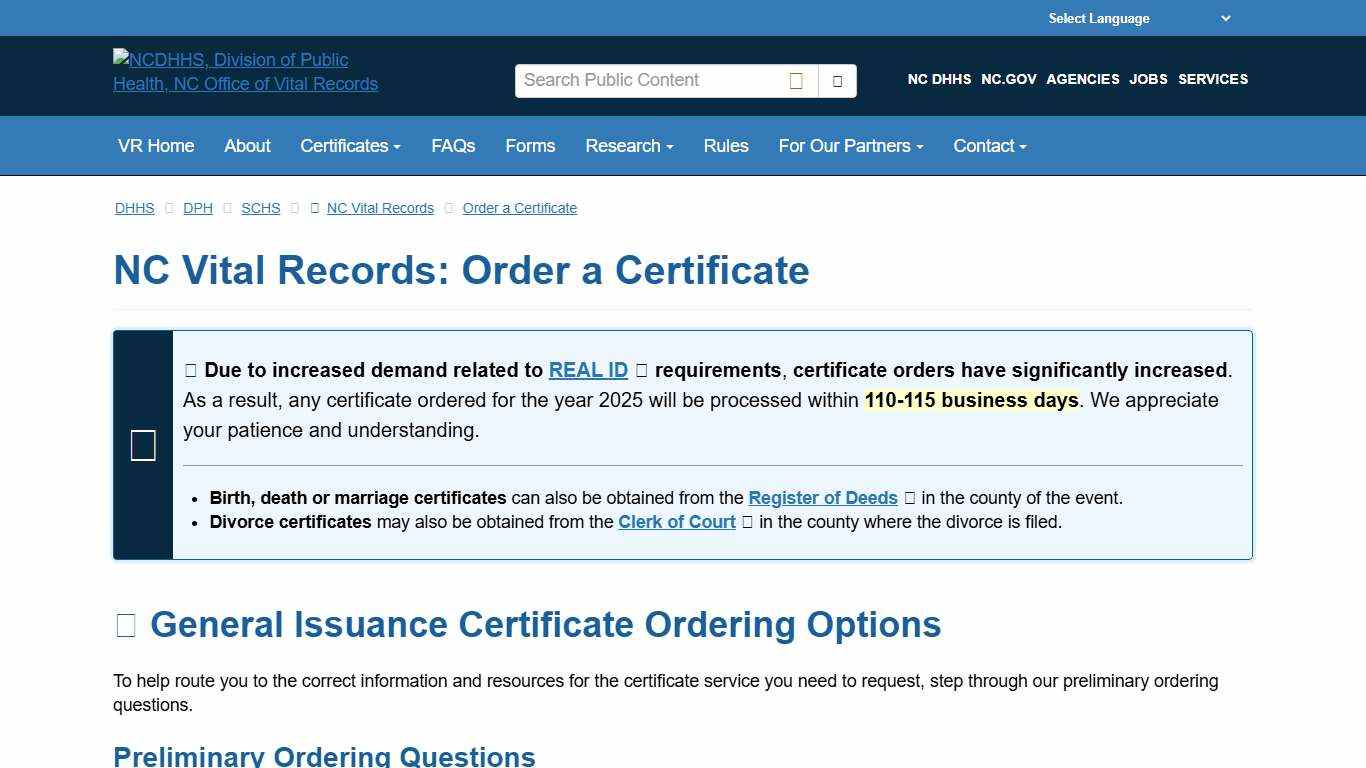 NCDHHS: DPH: NC Vital Records: Order a Certificate